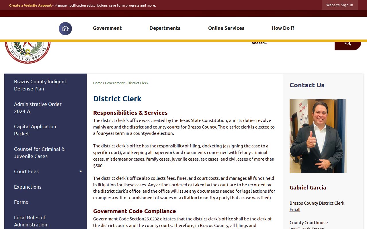Brazos County criminal court cases District Clerk contacts