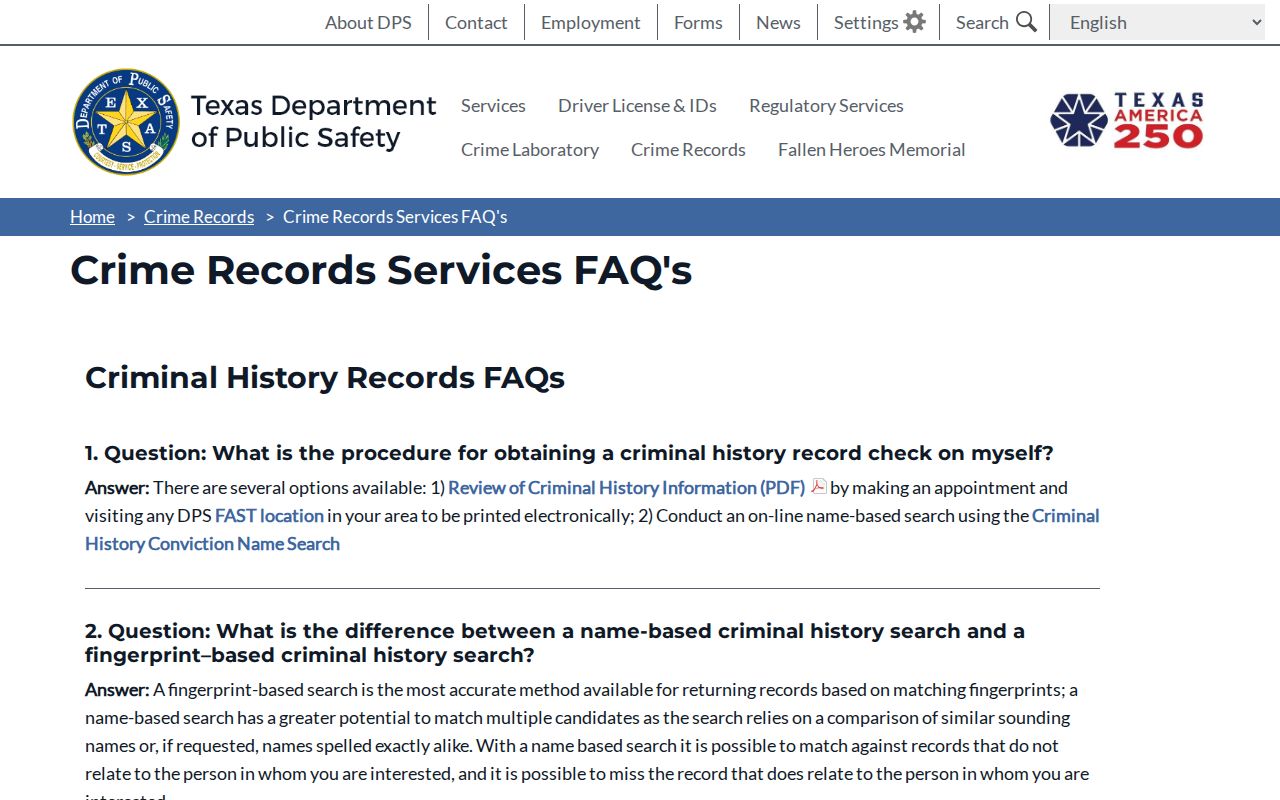 Texas DPS crime records services FAQ