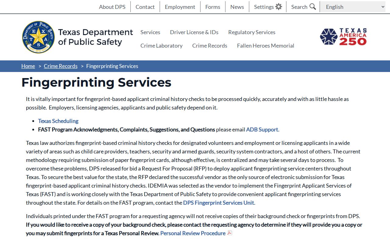 Texas DPS FAST fingerprint services page