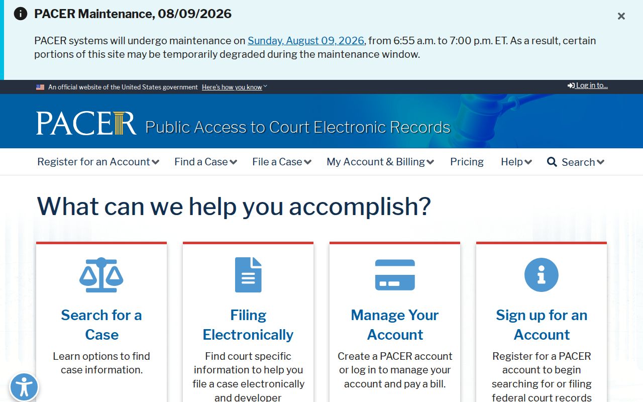 PACER federal court records access page