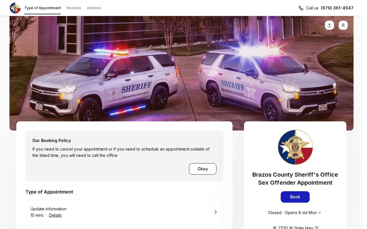 Brazos County sex offender registration appointment page