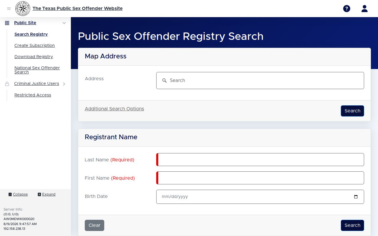Texas Public Sex Offender Registry search options