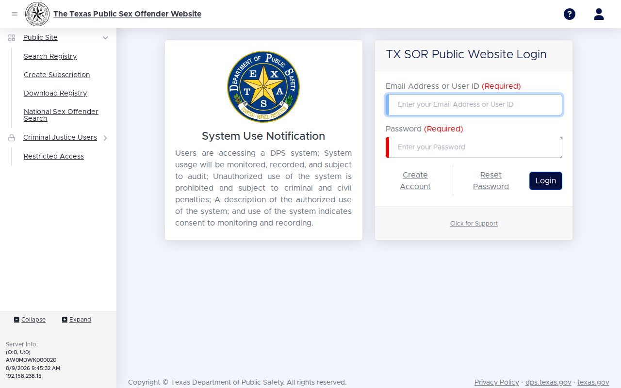 Texas sex offender registry alert subscription page