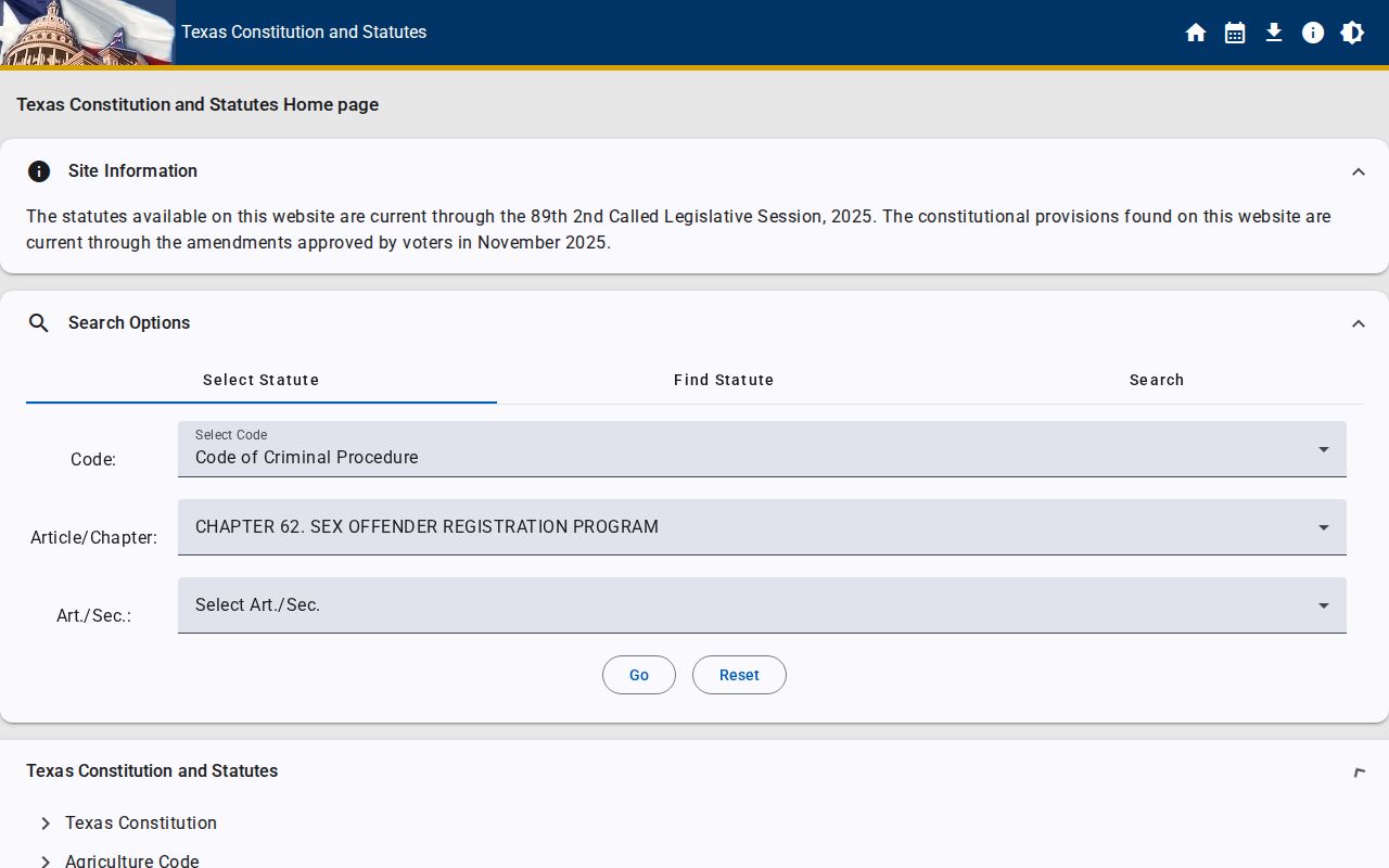 Texas Code of Criminal Procedure Chapter 62 registration law