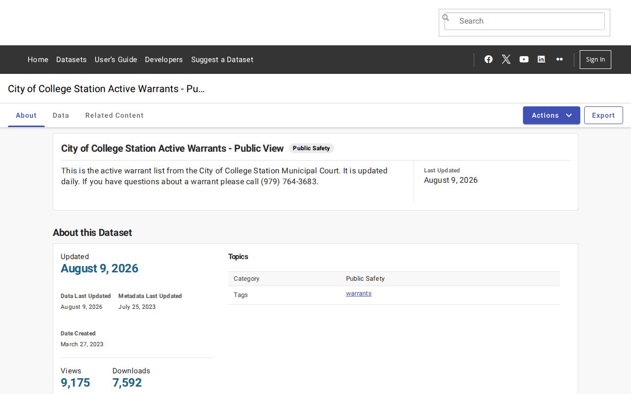 College Station criminal history active municipal warrant dataset